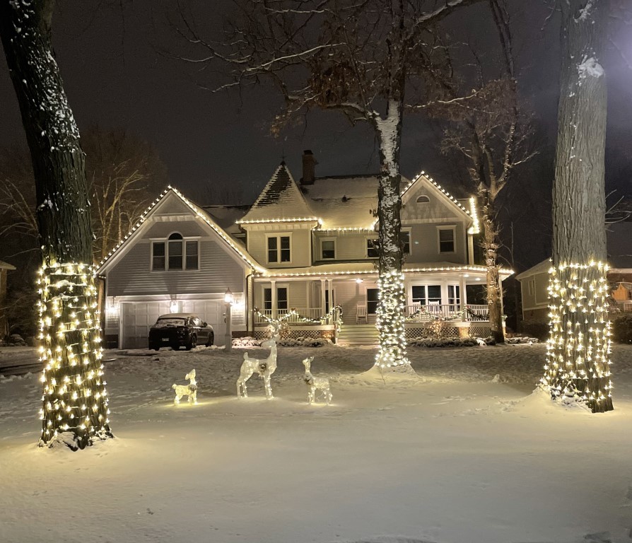 House in fresh snow with warm white roofline lights, tree trunks wrapped in warm white lights and lit reindeer on the lawn