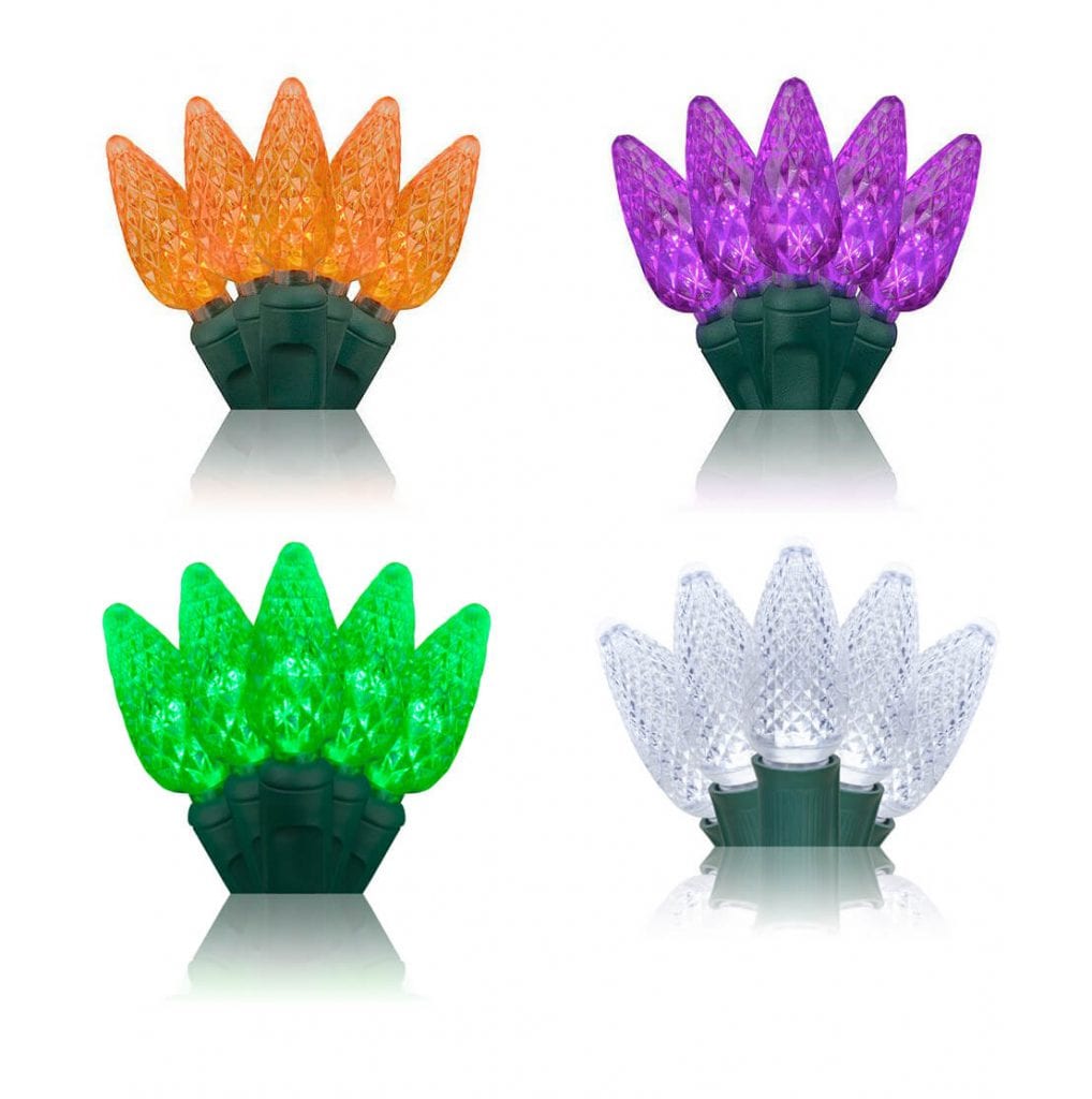 Four LED roofline bulbs in orange, purple, green and white