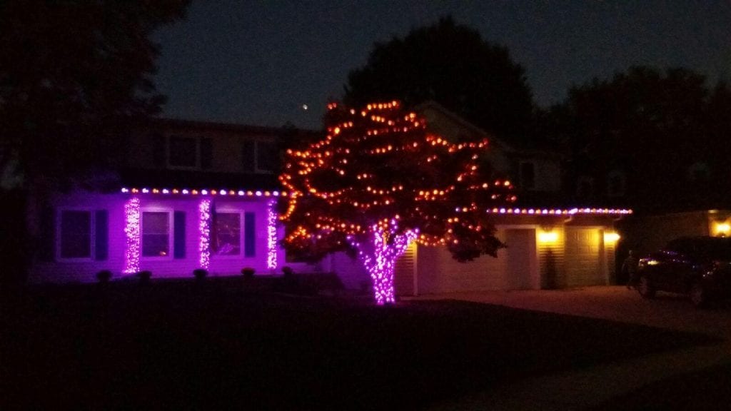 House with purple lights along the roofline and window frames and a tree in orange lights for Halloween